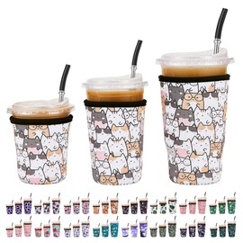 Cavllson 3 Pack Reusable Insulated Neoprene Iced Coffee Sleeves & Coffee Cup Holder, Universal Fit 16-32oz Cups for Hot/Cold Beverages - Lucky Cat-3 Pack
