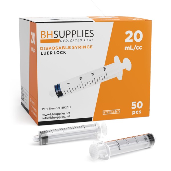 BH Supplies 20ml Luer Lock Tip Syringes (No Needle) - Sterile, Individually Wrapped - 50 Syringes