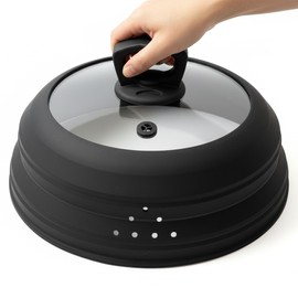 Microwave Splatter Cover Glass 10.5 Inch Microwave Cover for Food with Handle Collapsible Silicone Microwave Cover with Steam Vent for Pot Plate Bowl (Black)