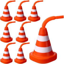 Sawysine Construction Cone Cups with Straws Bulk, Traffic Cones Party Favor Cups 10 oz Plastic Reusable Kids Race Cups Set for Construction Traffic Theme Racing Car Birthday Party Supplies(8 Pack)