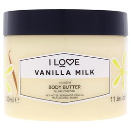 I Love Mantequilla corporal perfumada con leche de vainilla, manteca corporal hidratante para piel seca, vitamina E y aloe vera, manteca de karité y a