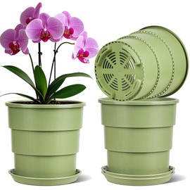 GRKJGytech Orchid pot, Breathable Root Control Flowers Pot, Planting Pot with Drainage Tray, Suitable for Indoor Outdoor, Courtyard, Garden -Green 3pcs, 7 inches