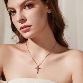 Cross Necklace for Women Rose Necklace Sterling Silver Cross Pendant Necklace Rose Gold Plated Ladies Necklace 925 Silver Cross Rose Necklace Pendant for Girls Cubic Zirconia Necklace