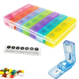 GNEL Pastillero Semanal 4 tomas con cortador de pastillas, Pastillero de Viaje 7 Días, Pastilleros Diario con 28 Compartimentos, Pill Organizer para Vitaminas, Suplementos y Medicamentos (Multicolor)