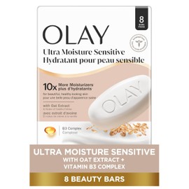 Olay Ultra Moisture Beauty Bar for Sensitive Skin with Oat Extract, 10x More Moisturizers & Skin Conditioners, Gentle on Skin, Vitamin B3 Complex, Vanilla Crème Scent, 3.17 oz (Pack of 8)