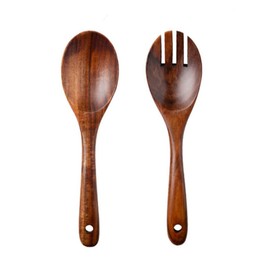 Japanese and Western Style Wooden Rice Spoon Salad Mixing Spoon Fork Tableware Kitchen Tools for Home (Salad Spoon + Salad Fork)