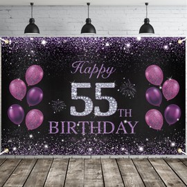 JOYKY Happy 55th Birthday Banner, Purple Happy 55th Birthday Party Decorations for Women Her, 55 Year Old Birthday Supplies Backdrop Décor, 5.9 X 3.8 Fts