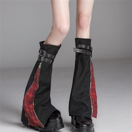 HeiBai Xiong Goth Flared Leg Warmers for Women Punk Rock Long Buckle Zipper Y2k Harajuku Rave Japanese Alt Hippie Ice Skating Grunge Emo Gothic Flare Fashion Legwarmers, Black and Red