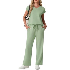 GRECERELLE Tuta da donna, set completo estivo a maniche corte, abbigliamento da salotto per donna, abiti a due pezzi, casual, girocollo, top da donna e pantaloni sportivi da palestra con tasche, Verde