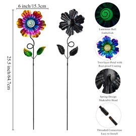sunnylight Metal Flowers for Outside, 2 Pack 25'' Luminous Flower Decorative Garden Stakes for Spring Yard Decor, Flower Metal Yard Art for Porch Fence Pot Patio Decor (Yellow & Purple)