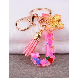 [Looking] Women Keychain Cute Stylish Alphabet Key Ring Pink Initial Letter Reel Strap Tassel Purse Backpack Charm, Pink J