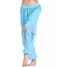 ZLTdream Women's Belly Dance Coins Lantern Pants Light Blue