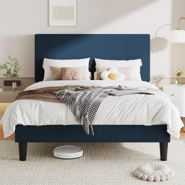 Allewie Full Size Upholstered Bed Frame with Vertical Channel Tufted Headboard, Soft Corduroy Fabric Platform Bed, Strong Wooden Slats Support, Easy Assembly, No Box Spring Needed, Dark Blue