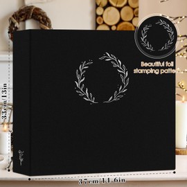 Lanpn Photo Album Scrapbook 12x12, Linen Cover Wreath Design Top Load 3 Ring Folder Binder Photobook Photo Book 12 x 12 inch with 30 Plastic Sleeves 60 Pages Black