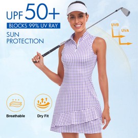 Tennis Dress for Women Classic Golf Outfits Sleeveless Short Dresses with Pockets Zip Up Stand Collar Lightweight for Athletic Purple Houndstooth-XS