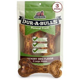 Redbarn Natural Dur-A-Bulls Treats for Dogs - 3 Large Bones - Hickory Flavor - Made in USA Long Lasting 100% Digestible No Artificial Ingredients or Plastic