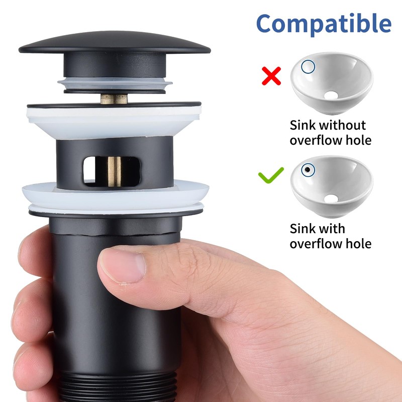 HOMELODY Drain Fitting Matte Black with Overflow, Universal Drain Valve