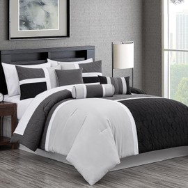 Chezmoi Collection Upland 7-Piece Quilted Patchwork Comforter Set, Black/Gray/Light Gray, King