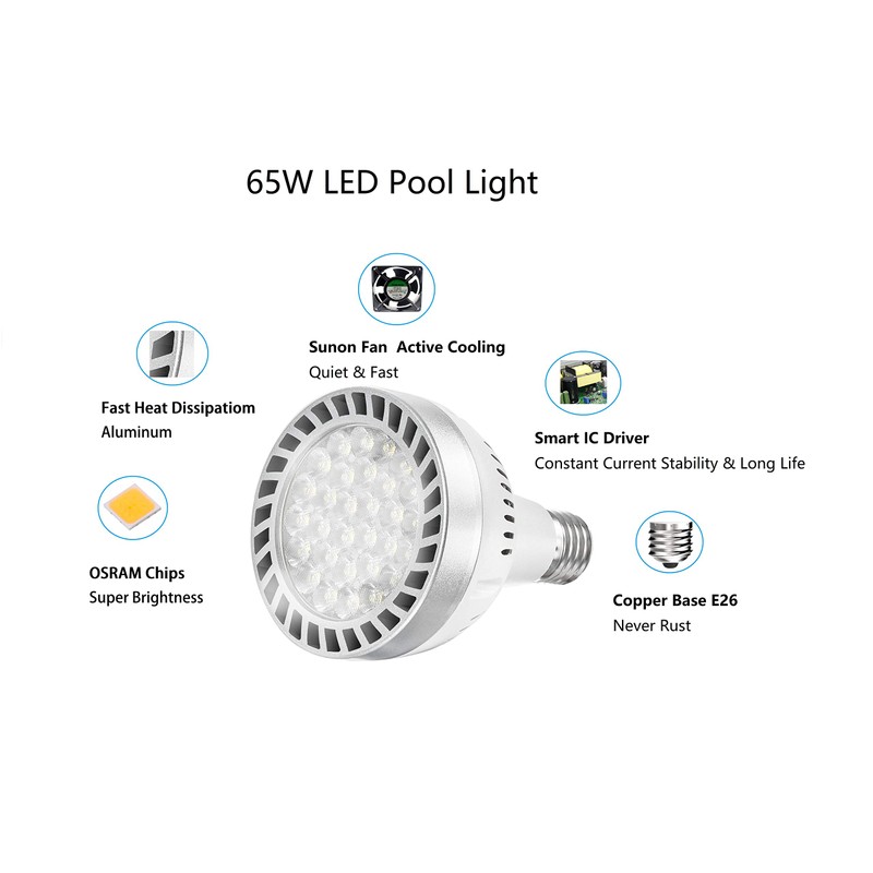 LED Pool Light Bulb 120V 65W Daylight White 6000K Swimming
