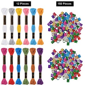Willbond 162 Pieces Hair Accessory Set - 12 Braiding Strings and 150 Metal Cuffs in Colorful Designs, Hair Wrap String Kits for Braids, Thread Rope Ti