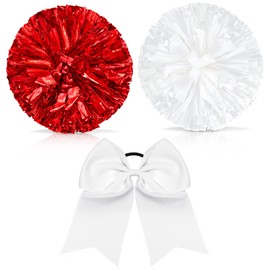 Cheerleading Pom Poms and Large Cheerleader Hair Bow for Girl, 12 Inch Large Metallic Cheer Cheerleader Pom Poms for Sports Team Spirit Cheering (Red and White, with White Bow)