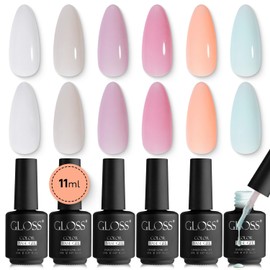 GLOSS Neutral Gel Nail Polish Set | 6 Pcs with off White, Milky White, Nude Pink, Pale Pink, Light Orange & Mint French Colors, Soak Off UV LED Gel Polish, Manicure Salon DIY at Home Gifts for Women