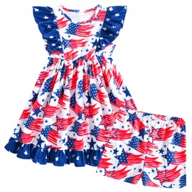 Enlifety Patriotic Dresses for Girls Size 4 5 Ruffle Sleeve July 4th Flag Print Dress with Shorts Independence Day Red White Blue Outfits for Daughter Granddaughter 4-5 Years
