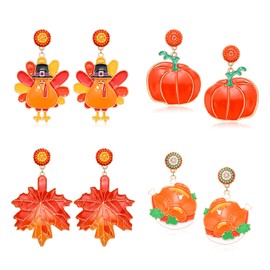 HZEYN 4 Pairs Thanksgiving Fall Earrings Enamel Turkey Pumpkin Maple Leaf Drop Dangle Earrings Thanks Giving Holiday Jewelry Gift