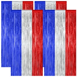 4 Pack 4th of July Decorations, 3.28 FT x 7.05 FT Independence Photo Backdrop, Metallic Blue Silver Red Backdrop Curtains Fringe Curtains Party Streamer, Patriotic Decor Fourth of July Party Supplies