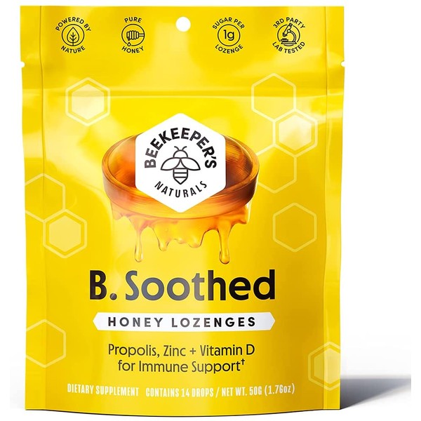 Beekeepers Naturals B.Soothed Honey Cough Drops - Immune Support with Vitamin D, Zinc and Propolis - Throat Soothing Lozenges, 14 Ct