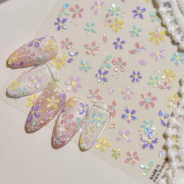 1 Sheet Colorful Flower Nail Stickers, 5D Embossed Self-Adhesive Nail Decals, Summer Glossy Floral Nail Design Stickers for Women DIY Spring Floral Manicure Decoration Supplies
