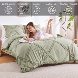 MILDLY Boho Duvet Cover Mist Sage - Tufted Geometric Textured King Size Comforter Cover Set with Corner Ties & Zipper Closure