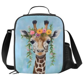 PrelerDIY Giraffe Lunch Box - Insulated Lunch Box for Kids Deer with Floral Headpiece Design with Side Pocket & Shoulder Strap Lunch Bag, Perfect for School/Camping/Hiking/Picnic/Beach/Travel