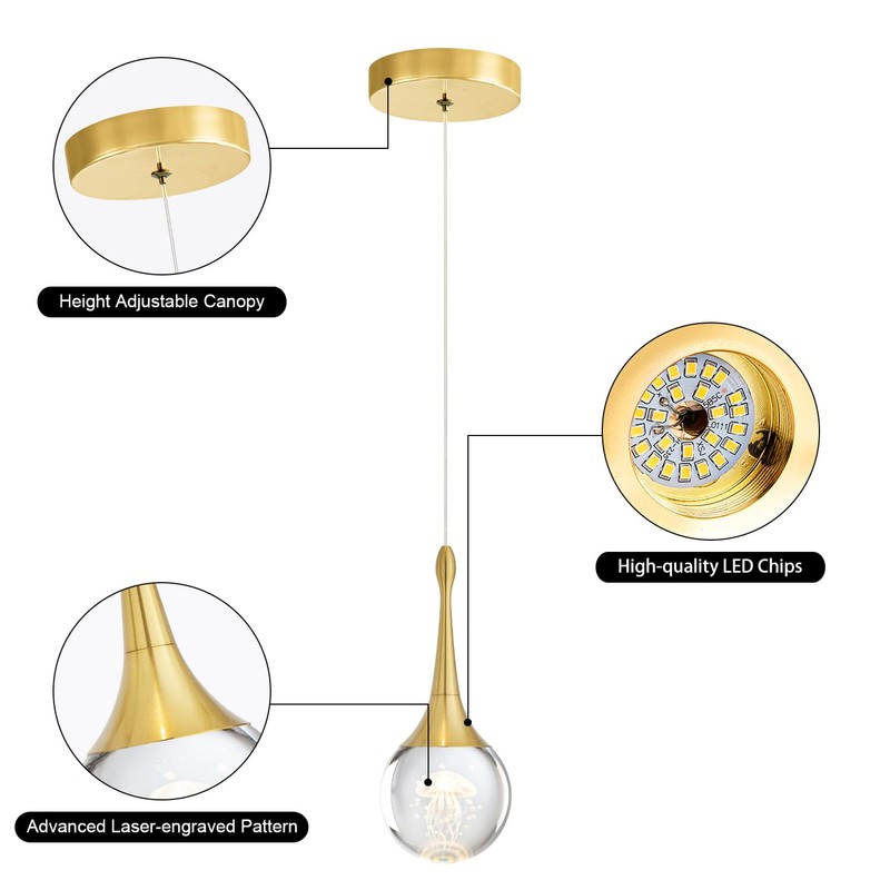 CHYING Gold Pendant Light Crystal LED Pendant Lighting Jellyfish Teardrop