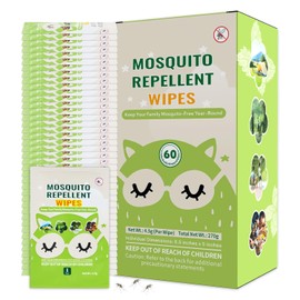 60 PCS Mosquito Repellent Wipes, Individually Wrapped Insect Repellent Wipes Made of Natural Plant-Based Essential Oils, Safe & Effective Insect Protection Perfect for Outdoor Activities, Long-Lasting