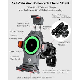 BRCOVAN Aluminum Alloy Motorcycle Phone Mount with Qi 15W Wireless Charger | with Vibration Dampener, Waterproof Anti-Theft Motorcycle Handlebar Cellphone Holder, Adjustable Fit 4.7''-7.2'' Smartphones