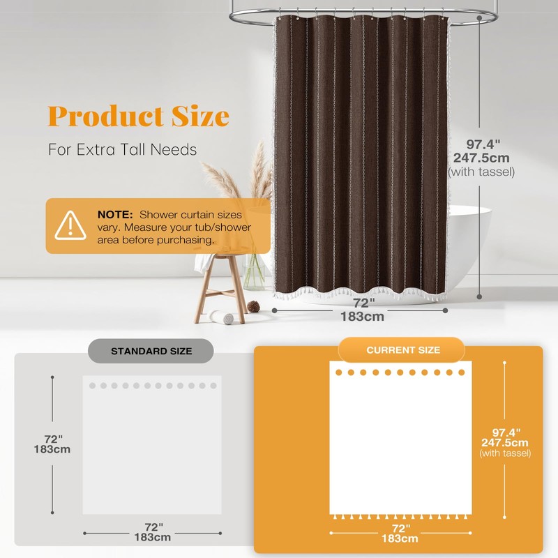 BTTN Extra Long Shower Curtain, 72x96 Inch Boho Rustic Striped