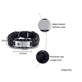 LiFashion LF Mens Stainless Steel PACEMAKER Medical Alert Outdoor Black Rope Paracord Survival Medical ID Bracelet Sos Emergency Cuff Bracelets for Adult Hiking Camping Hunting Activities