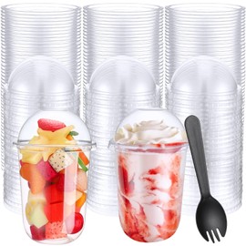 Gandeer 200 Pack Clear Plastic Cups Dessert Yogurt Parfait Banana Pudding Pet Disposable Cups with 200 Pcs Sporks for Fruit Ice Cream Party(U Shaped Bottom,16 oz)