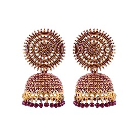 Crunchy Fashion Bollywood Jewellery Traditional Ethnic Bridal Bride Wedding Bridesmaid Gold-Plated Round Designs Maroon Pearls Jhumka Earrings For Women &'s