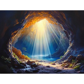 Freedom Quest Shop Sunlit View of a Hidden Beach Cove and Waterfall from a Cave Poster Print