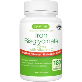 Igennus High Absorption Chelated Iron Bisglycinate 20mg with Vitamin C, 6 Month Supply, Gentle Formula, Clean Label & Targeted Release, for Women and Men, One Daily, Vegan, 180 Tablets