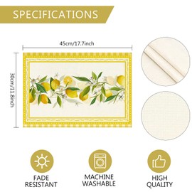 Tarklanda Lemon Place Mats Set of 4 Tropical Fruits Place Mats Spring Summer Decoration for Home Restaurant Dining Table Holiday Party 30 x 45 cm