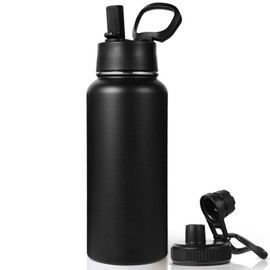 Neihepal 32 Ounce Insulated Water Bottle with Straw Lid & Spout Lid,18/8 Stainless Steel Double Wall Cups with Handle Keeps Hot or Cold,Ideal for Gym,School,Outdoors,Camping,Sports(Black,1 Set)