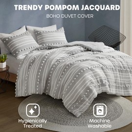 Urban Habitat Queen Duvet Cover Set Clipped Jacquard, Tufts Pompom Accent, Boho Duvet Covers, All Season Lightweight & Fluffy Bedding Cover, Matching Shams, Rowan, Full/Queen Grey 3 Piece