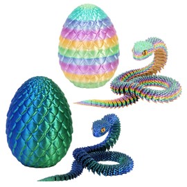 2PCS 3D Printed Snake in Egg, 3D Printed Animals Fidget Toy, 3D Printed Dragon Egg with Articulated Snake Inside Flexible Crystal Snake Easter Gifts for Adults Home Office Decor (2pcs/B)