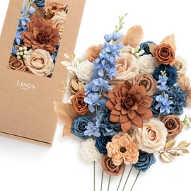 Ling's Moment Burnt Orange & Navy Artificial Flowers and Greenery Deluxe Combo Box Set, Terracotta Fake Flower for DIY Wedding Bridal Bouquet, Centerpieces Decor, Floral Arrangement Decor, etc.