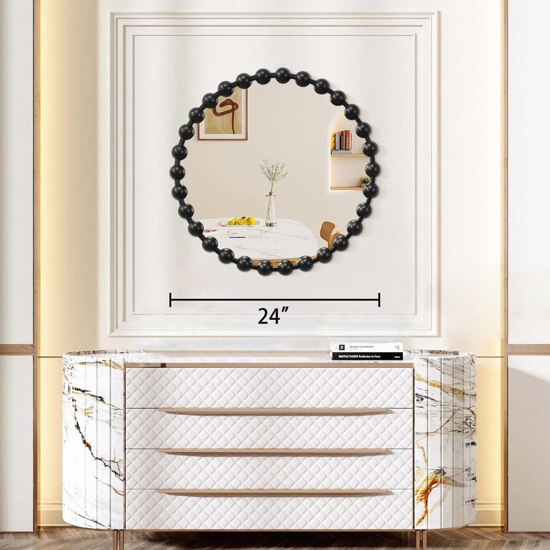 AAZZKANG Black Round Wall Mirror Metal Framed Beaded Mirrors Decorative