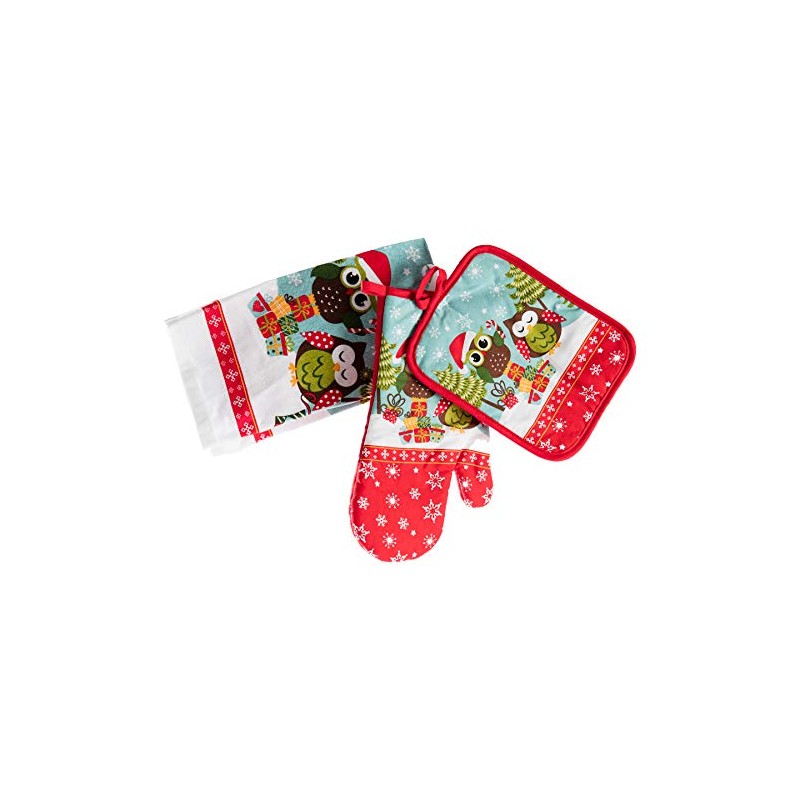 Jingles Christmas Mr and Mrs Owl Tea Towel, Oven Glove,