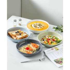 Hasense 9" Large Pasta Bowls, 42 OZ Ceramic Salad Bowls Set of 4 for Serving Pasta, Soup, Salad and Dinner, Embossed Wide and Shallow Pasta Plates for Kitchen and Eating, Microwave Safe, Colorful